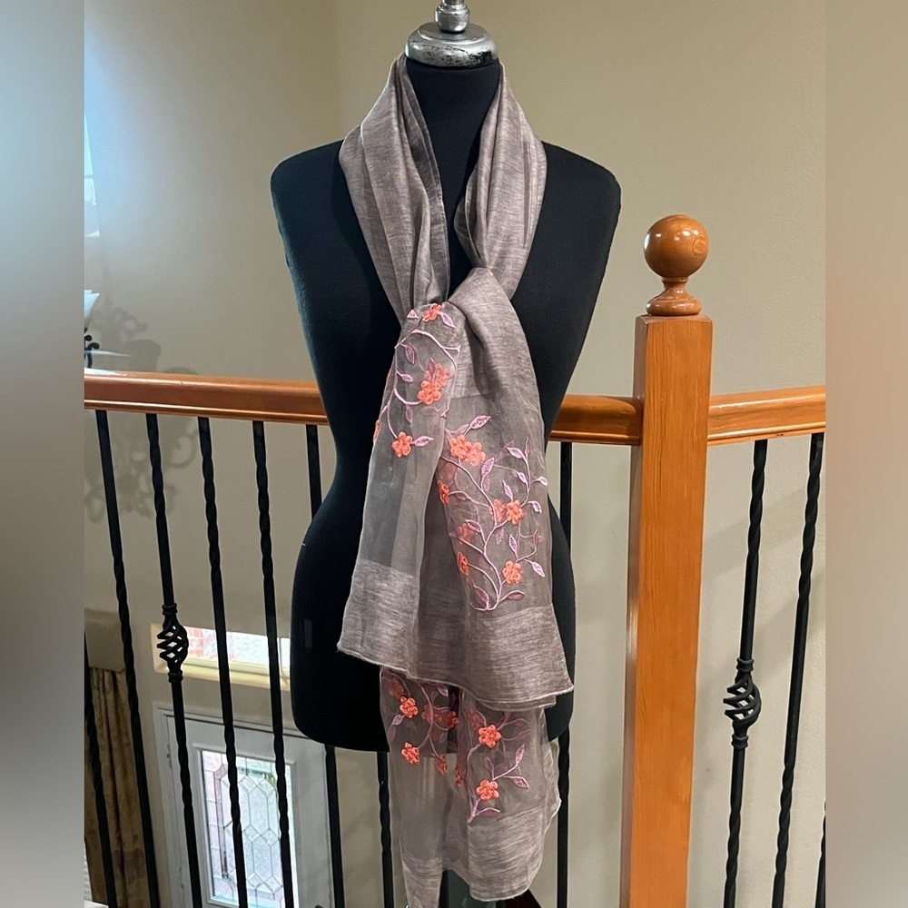 Silk Wool Blend Scarf/Shawl with Floral Embroidery SIZE 34” X 74”